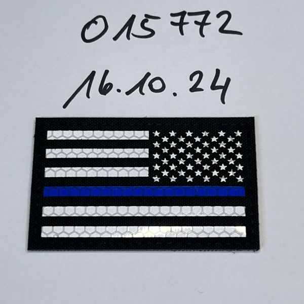 Lasercut Klett Patch USA Rechts schwarz-silber BLUE LINE reflective 8x5 cm