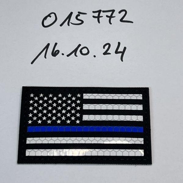Lasercut Klett Patch USA Links schwarz-silber BLUE LINE reflective 8x5 cm