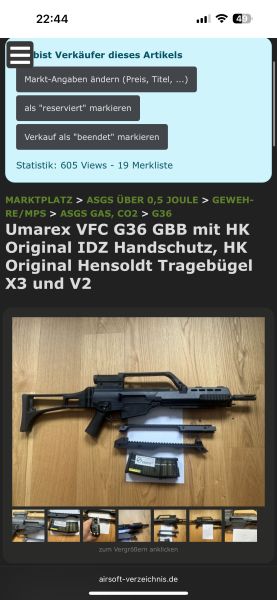 Umarex VFC G36 GBB mit HK Original IDZ Handschutz, HK Original Hensoldt Tragebügel X3 und V2 
