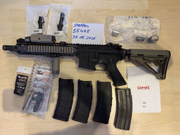 GHK MK18 MOD 1 GBB mit TNT TUNINGTEILE ORIGINAL MAGPUL TEILE COLT MARKINGS SUREFIRE SCOUT LIGHT MARKINGS SET RATECH RA TECH WIE NEU