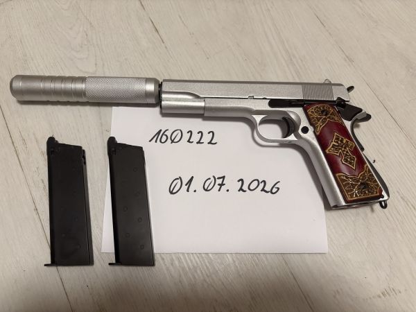 Double Bell M1911A1 Chrome GBB – Custom Wood Grip – 2 Slim Magazine – Schalldämpfer